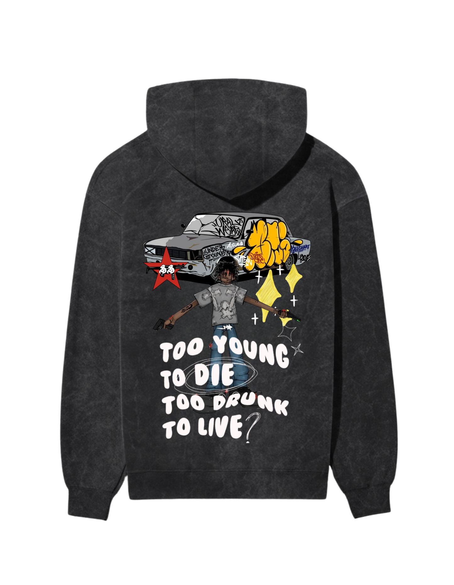 “TOO YOUNG” ACID WASHED HOODIE